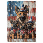 Rustic Patriotic German Shepherd Mother and Three Puppies in American Flag Hats and Bowties on Ready to Hang 1.5" Thick Canvas Wrap, Floating Framed Canvas, Flat Rolled Canvas